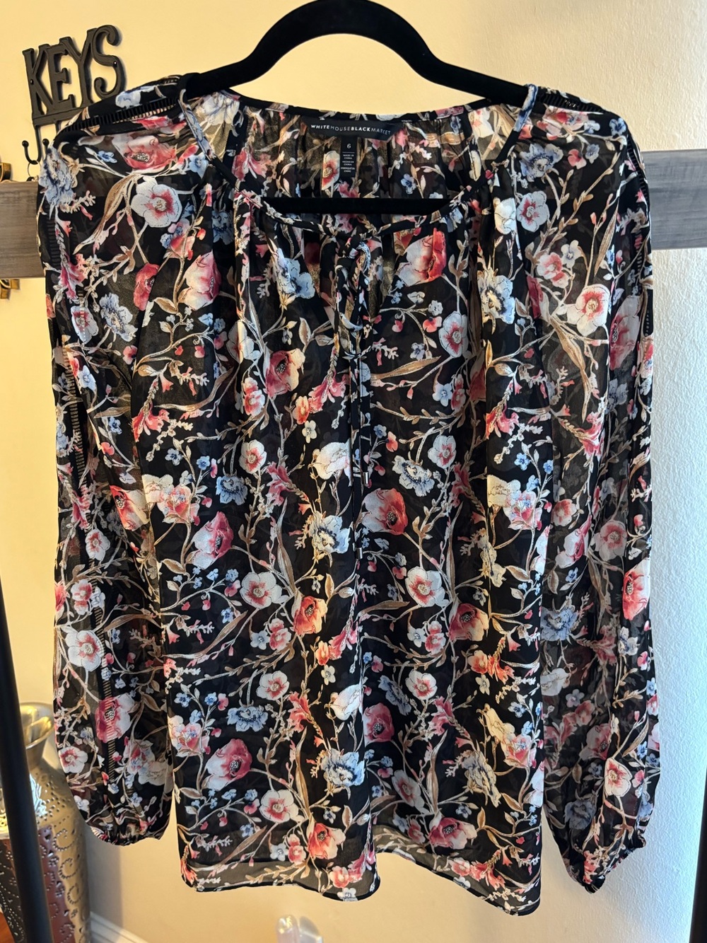 White House Black Market Black Sheer Floral Tie-Neck Blouse